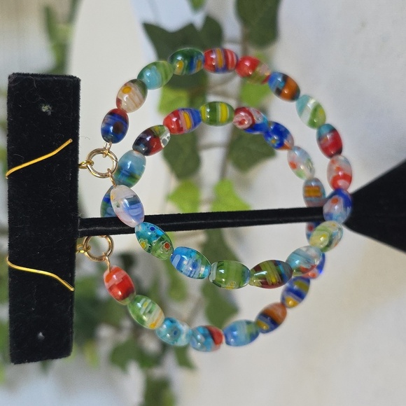 Millefiori Art Glass Oval Bead Hoop Earrings - Picture 9 of 9